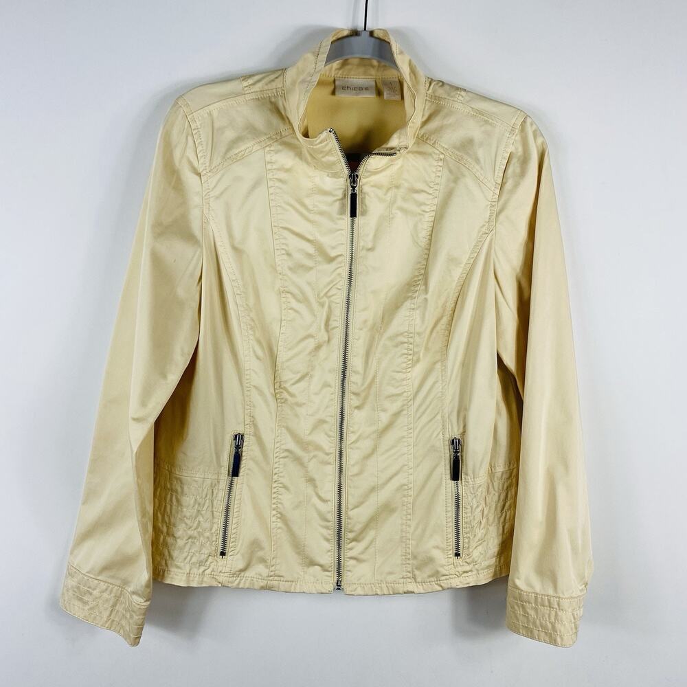 Chico's Size Medium 8 1 Full Zip Sateen Jacket Yellow Cotton Casual Pockets